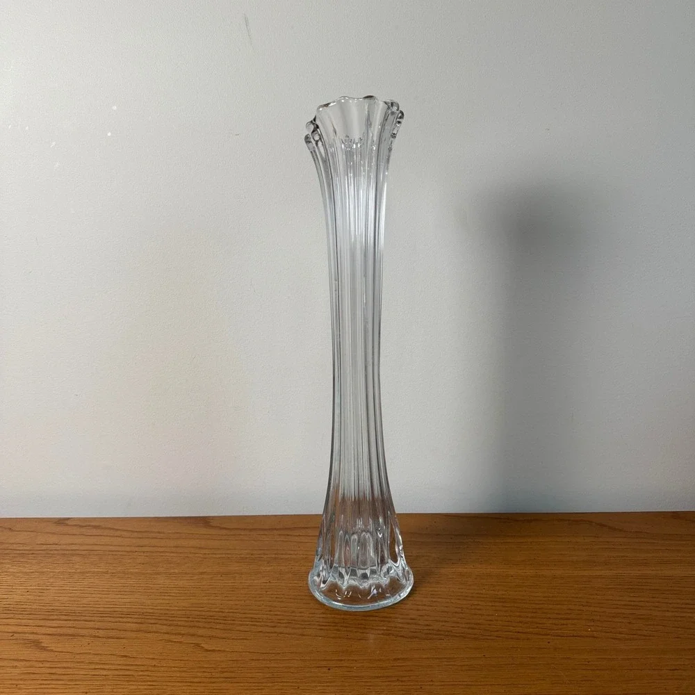Hoosier Tall‎ Clear Ribbed Glass Vase Trumpet Flower Bud Vase Home Decor Accent